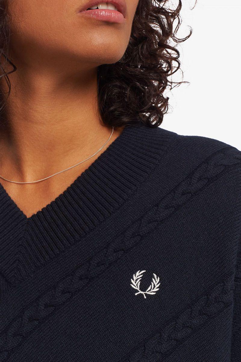 Navy Fred Perry Split Hem Cable Knit Jumper Women's Knitwear | PH 1933YXFU